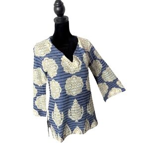 Before +‎ Again Floral Textured Tunic Top Flare Sleeve Size S Blue Artsy Coastal
